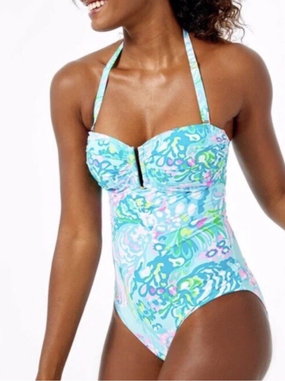 Lilly Pulitzer Dru Women’s One-Piece Swimsuit in Blue Teal Pink Ibiza Size 14